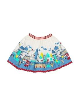 Graphic Print Flared Skirt with Lace Border