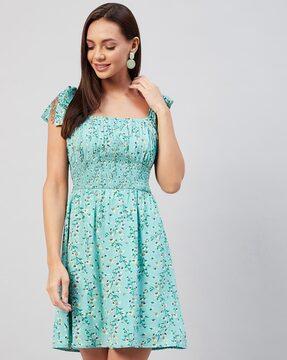 Floral Print Skater Dress with Tie-Up Sleeves