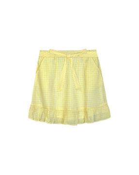 Checked Flared Skirt with Waist Tie-Up