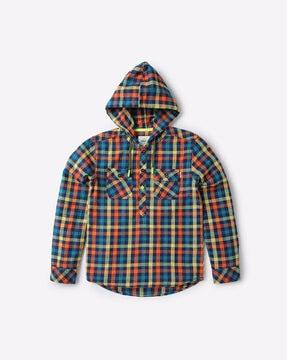 Checked Hooded Shirt with Flap Pockets