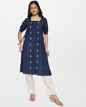 Embroidered Straight Kurta with Side Tie-Ups