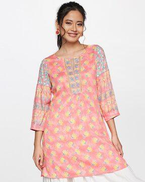 Floral Print Notched-Neck Tunic