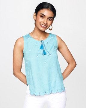 Embroidered Sleeveless Top with Scalloped Hem