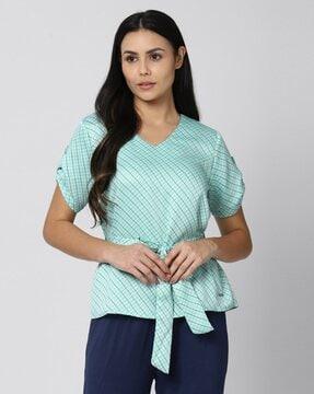 checked-v-neck-top-with-belt