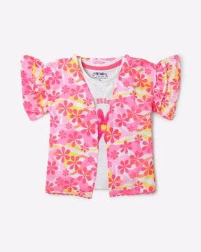 Floral Print Round-Neck T-shirt with Shrug