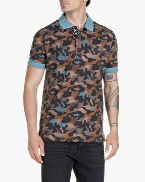Camouflage Print Stretch Pique Polo T-shirt