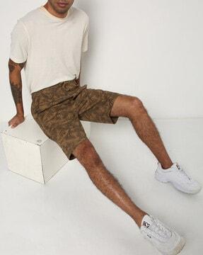 Tropical Print Slim Fit Flat-Front Shorts