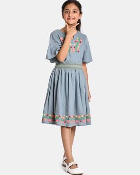 Embroidered Round-Neck Fit & Flare Dress