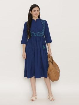 Fit and Flare Dress with Waist Tassel Tie-Up