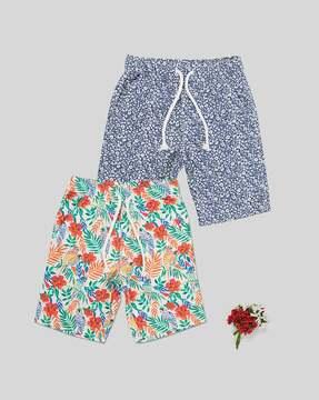 Pack of 2 Floral Print Flat-Front Shorts with Drawstring Waist