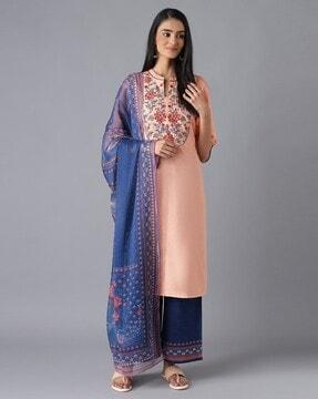 Floral Embroidered Straight Kurta with Pants & Dupatta