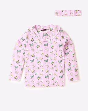 Butterfly Print Round-Neck T-shirt with Hairband