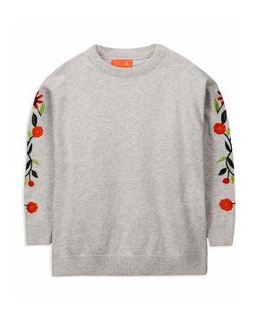 Round-Neck Pullover with Floral Embroidered Sleeves