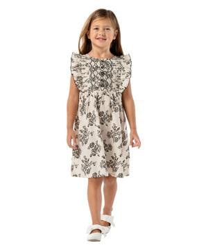 Floral Print A-line Dress with Gathers