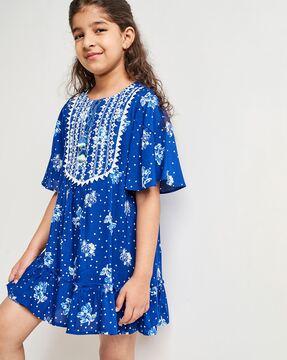 Floral Print Shift Dress with Embroidered Yoke