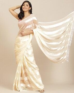 Cream Striped Satin Saree With Sequins Embellished Blouse Saree