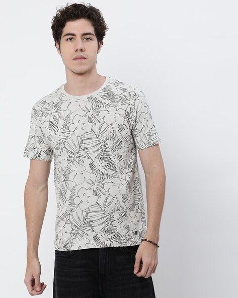 Tropical Print Crew-Neck Cotton T-Shirt
