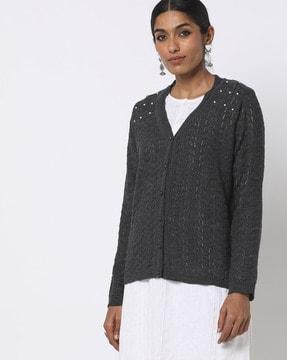 Women V-Neck Cardigan with Pearl Accents
