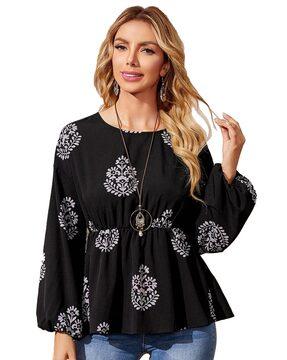 Floral Print Top with Puff-Sleeves
