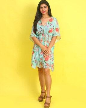Floral Print A-Line Dress with Waist Tie-Up