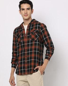 Checked Slim Fit Hooded Shirt with Flap Pockets