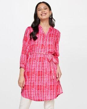 Checked Tunic with Fabric Belt