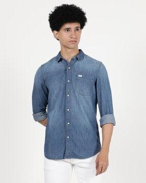 Mid-Wash Slim Fit Shirt with Patch Pocket