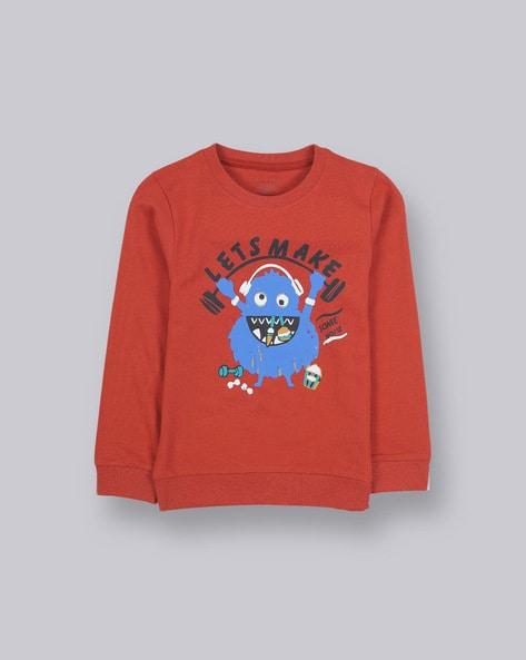 Monster Print Cotton Sweatshirt with Ribbed Hem