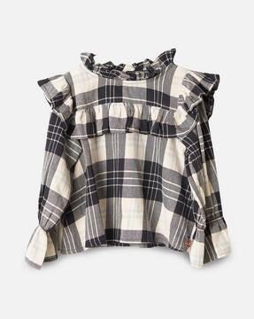 ruffled-shoulder-checked-top