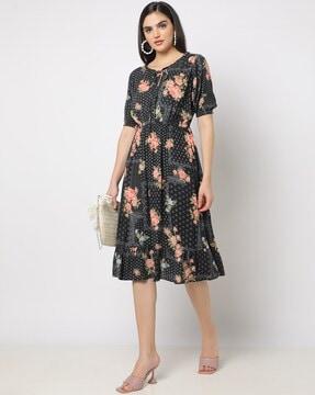 Floral Print Round-Neck Fit & Flare Dress