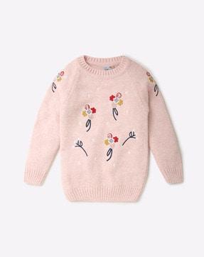 Flower Embroidered Round-Neck Sweatshirt