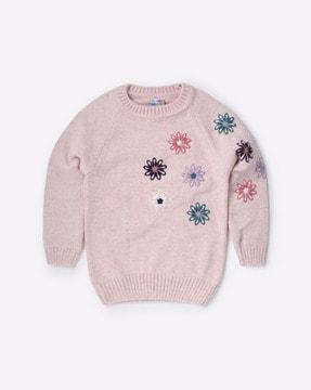 Flower Embroidered Round-Neck Sweatshirt