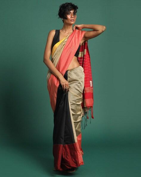 Colourblock Saree with Tasselled Pallu