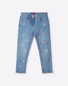Lightly Washed Slim Fit Jeans with Floral Embroidery