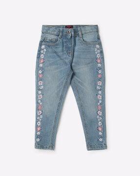 Mid-Wash Slim Fit Jeans with Floral Embroidery