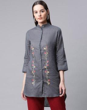 Embroidered Button-Front Tunic Top