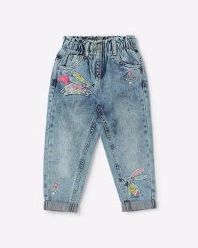 Heavily Washed Jeans with Embroidery Accent