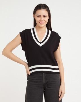 V-Neck Pullover with Contrast Hems