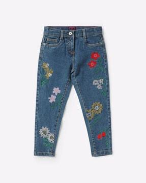 Lightly Washed Floral Embroidered Jeans