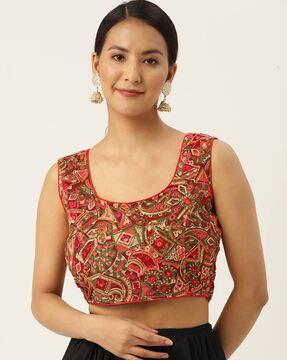 Embroidered Back-Open Blouse with Tie-Up