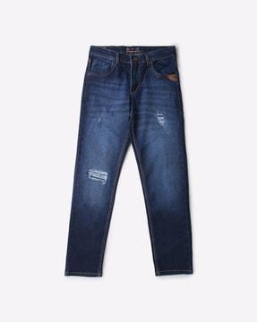 Lightly Washed Slim Fit Distressed Jeans