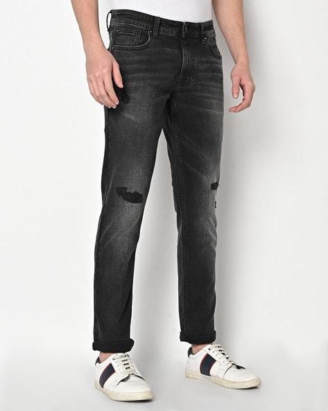 Mid-Wash Ripped Straight Fit Jeans