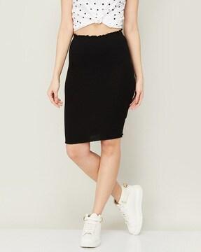 Ribbed Pencil Skirt with Ruched Hems
