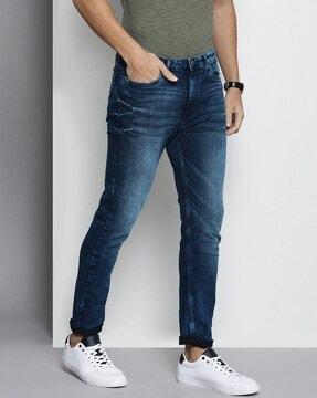 Mid-Wash Slim Fit Jeans with Whiskers