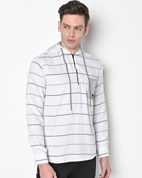 Striped Slim Fit Hooded Shirt with Patch Pocket