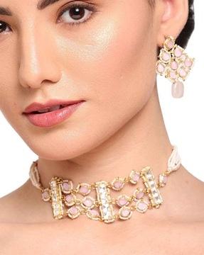 Gold-Plated Pearl-Studded Necklace & Earrings Set