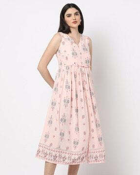 floral-print-a-line-dress-with-waist-tie-up