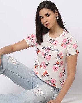 Floral Print Round-Neck Slim Fit T-Shirt