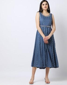 Embroidered Flared Dress with Belt