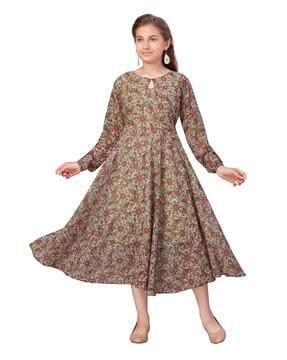 Paisley Print A-Line Dress with Puff Sleeves